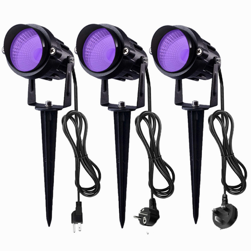 Outdoor Power Hub - ไฟสปอตไลท์ฮาโลวีนสีดำพร้อมปลั๊กไฟ LED สีม่วง12W สำหรับกลางแจ้งไฟสีดำกันน้ำสำหรับปาร์ตี้วันหยุดในที่มืด2ชิ้น