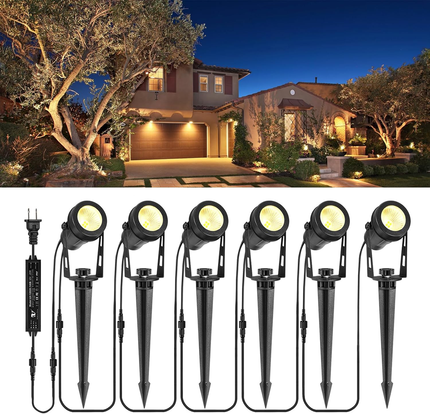 Outdoor Power Hub - ไฟภูมิทัศน์แรงดันต่ำ 6 ชิ้น, ไฟสปอตไลท์กลางแจ้งพร้อมหม้อแปลงไฟฟ้า 12V, ไฟสปอตไลท์แบบเสียบปลั๊กกันน้ำระดับ