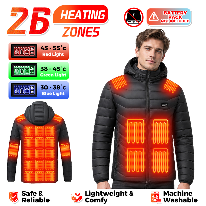 Outdoor Power Heater - เสื้อแจ็คเก็ตให้ความร้อน 26 โซนกันน้ำ กันลม เสื้อโค้ทกันหนาวสำหรับฤดูหนาว ใช้พลังงานจาก