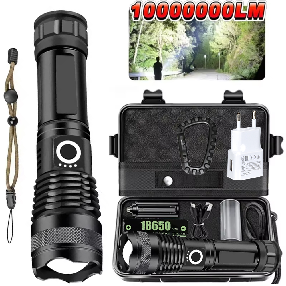 Outdoor Power For Camping - ไฟฉาย LED พลังงานสูงแบบชาร์จไฟได้ 5 โหมดอลูมิเนียมอัลลอยด์ซูมแบบยืดไสลด์ได้ไฟฉายยุทธวิธีสำหรับตกปลาตั้งแคมป์กลางแจ้ง